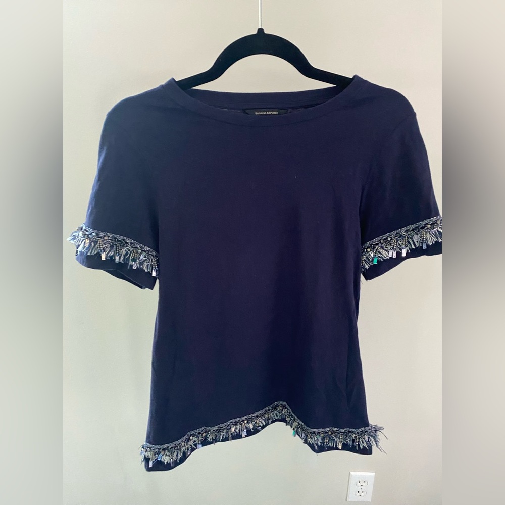 Banana republic navy top with silver fringe